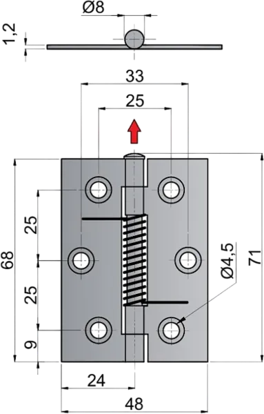 Abmessungen des KZ Federscharniers 68 x 48 mm